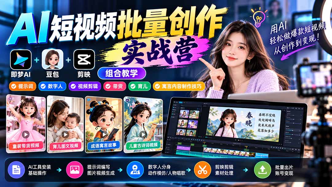【无水印】AI短视频批量创作实战营：即梦+豆包+剪映组合教学，提示词/数字人/视频剪辑/带货/育儿/寓言内容制作技巧-鑫梵淘