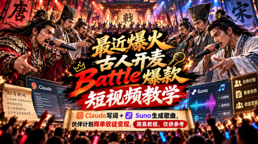 最近爆火古人开麦Battle爆款短视频教学，Claude写词+Suno生成歌曲，伙伴计划商单收徒变现，简易教程，仅供参考-鑫梵淘