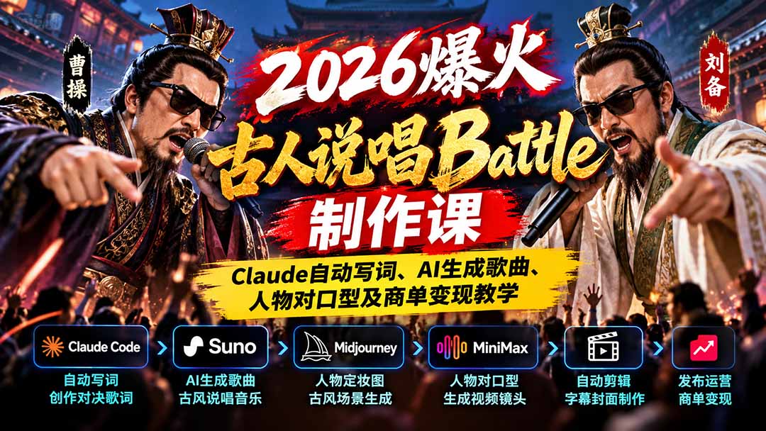 2026爆火古人说唱Battle制作课：Claude自动写词、AI生成歌曲、人物对口型及商单变现教学-鑫梵淘