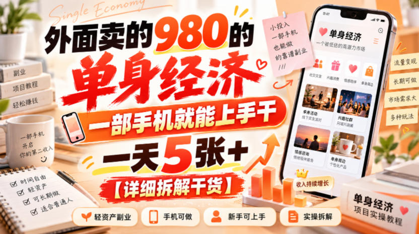 外面卖的980的单身经济，一部手机就能上手干，一天5张+【详细拆解干货】-鑫梵淘