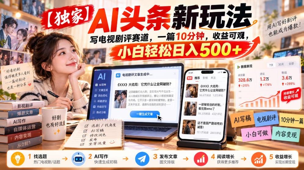 【独家】AI头条新玩法，写电视剧评赛道，一篇10分钟，收益可观，小白轻松日入500+-鑫梵淘