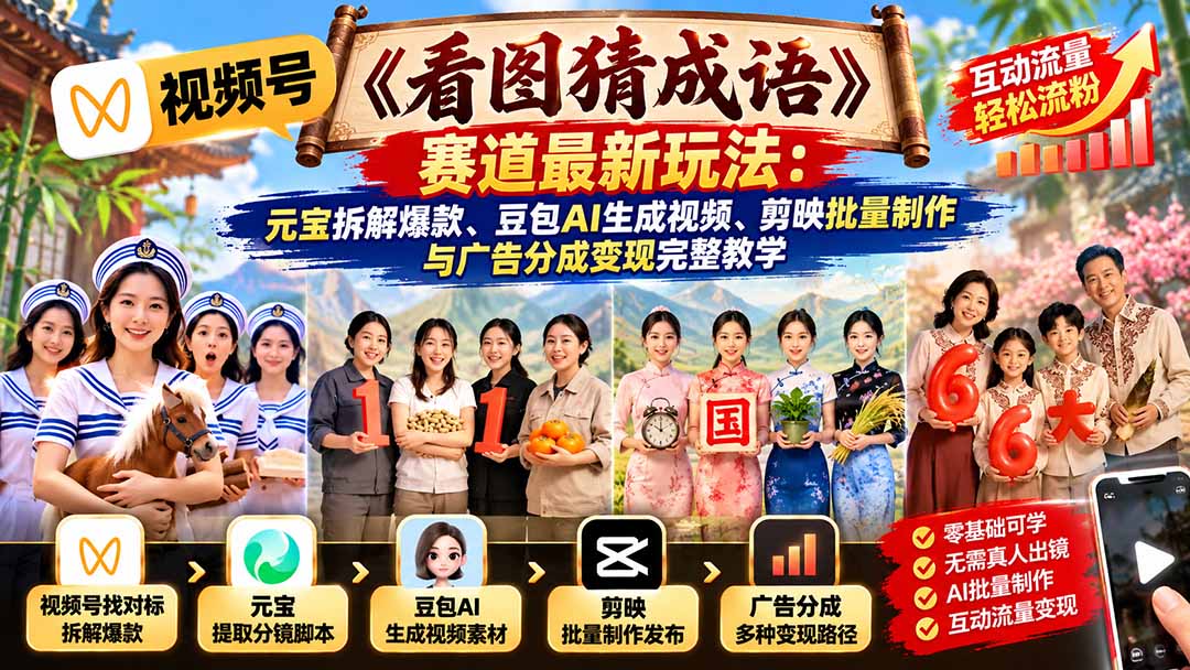 视频号《看图猜成语》赛道最新玩法：元宝拆解爆款、豆包AI生成视频、剪映批量制作与广告分成变现完整教学-鑫梵淘