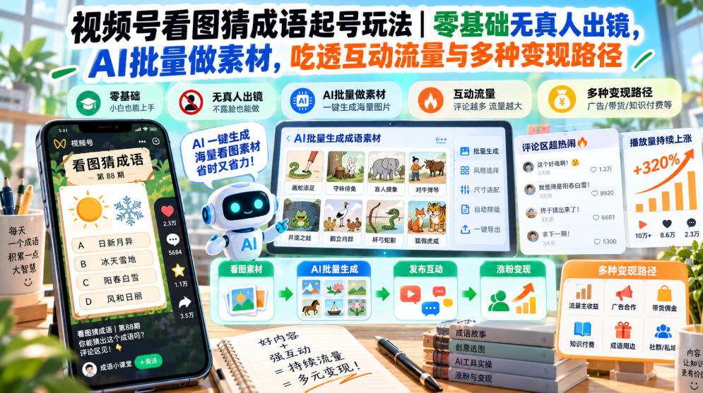 视频号看图猜成语起号玩法｜零基础无真人出镜，AI批量做素材，吃透互动流量与多种变现路径-鑫梵淘