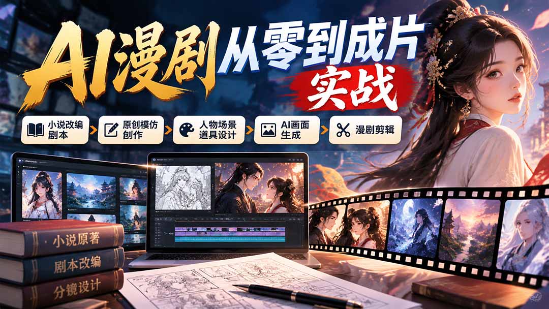 AI漫剧从零到成片实战：小说改编剧本、原创模仿创作、人物场景道具设计、AI画面生成与漫剧剪辑-鑫梵淘