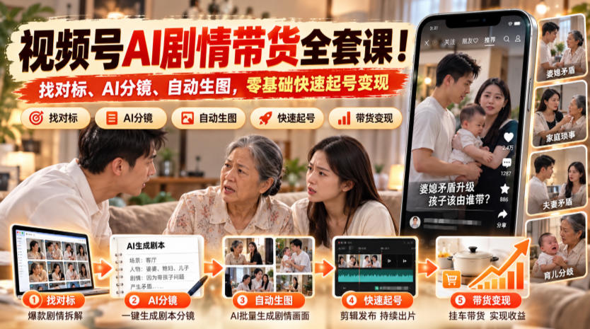 视频号AI剧情带货全套课！找对标、AI分镜、自动生图，零基础快速起号变现-鑫梵淘