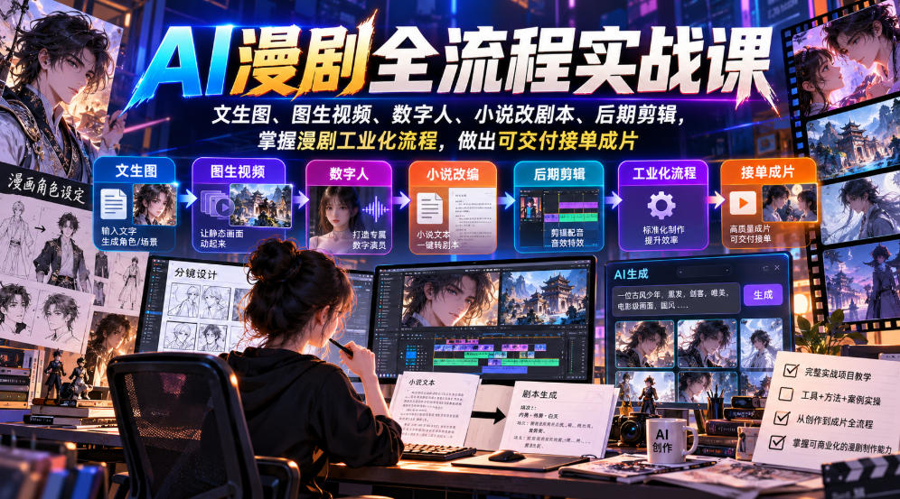 AI漫剧全流程实战课，文生图、图生视频、数字人、小说改剧本、后期剪辑，掌握漫剧工业化流程，做出可交付接单成片-鑫梵淘