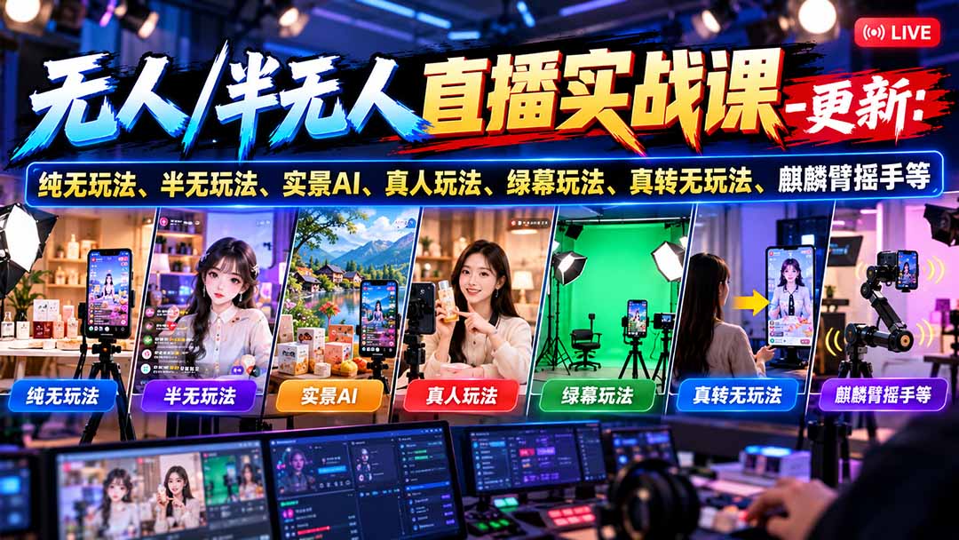 无人/半无人直播实战课-10月20更新：纯无玩法、半无玩法、实景AI、真人玩法、绿幕玩法、真转无玩法、麒麟臂摇手等-鑫梵淘