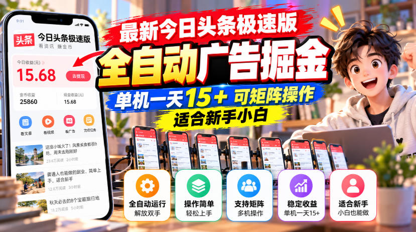 最新今日头条极速版全自动广告掘金，单机一天15+可矩阵操作适合新手小白-鑫梵淘