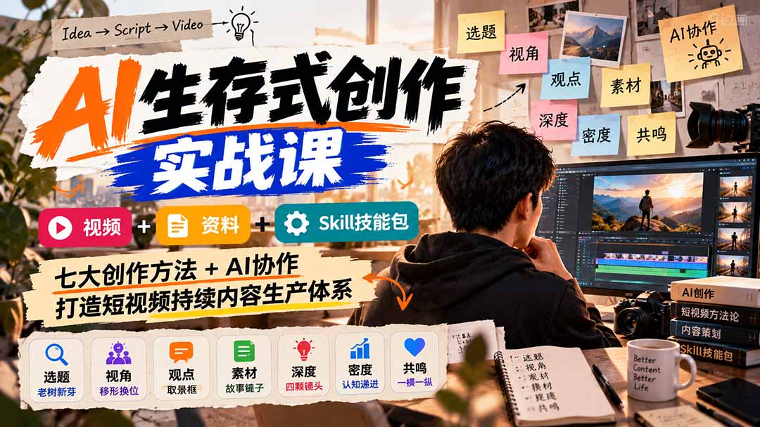 AI生存式创作实战课：视频+资料+Skill技能包，七大创作方法+AI协作，打造短视频持续内容生产体系-鑫梵淘