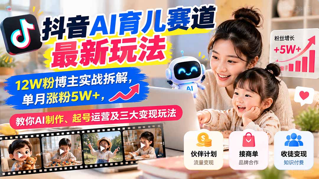 抖音AI育儿赛道最新玩法：12W粉博主实战拆解，单月涨粉5W+，教你AI制作、起号运营及三大变现玩法-鑫梵淘