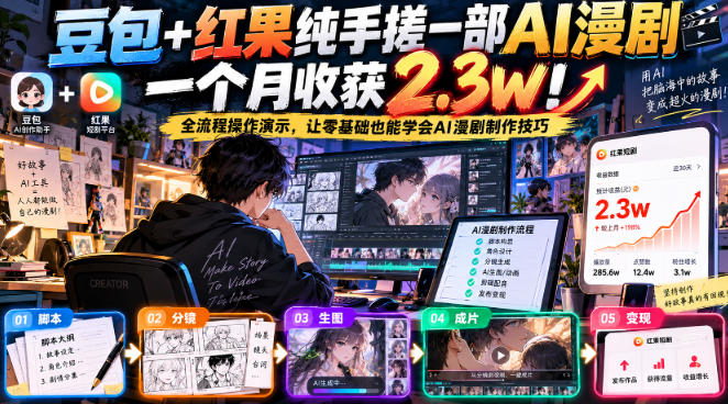 豆包+红果纯手搓一部AI漫剧一个月收获2.3w！全流程操作演示，让零基础也能学会AI漫剧制作技巧-鑫梵淘