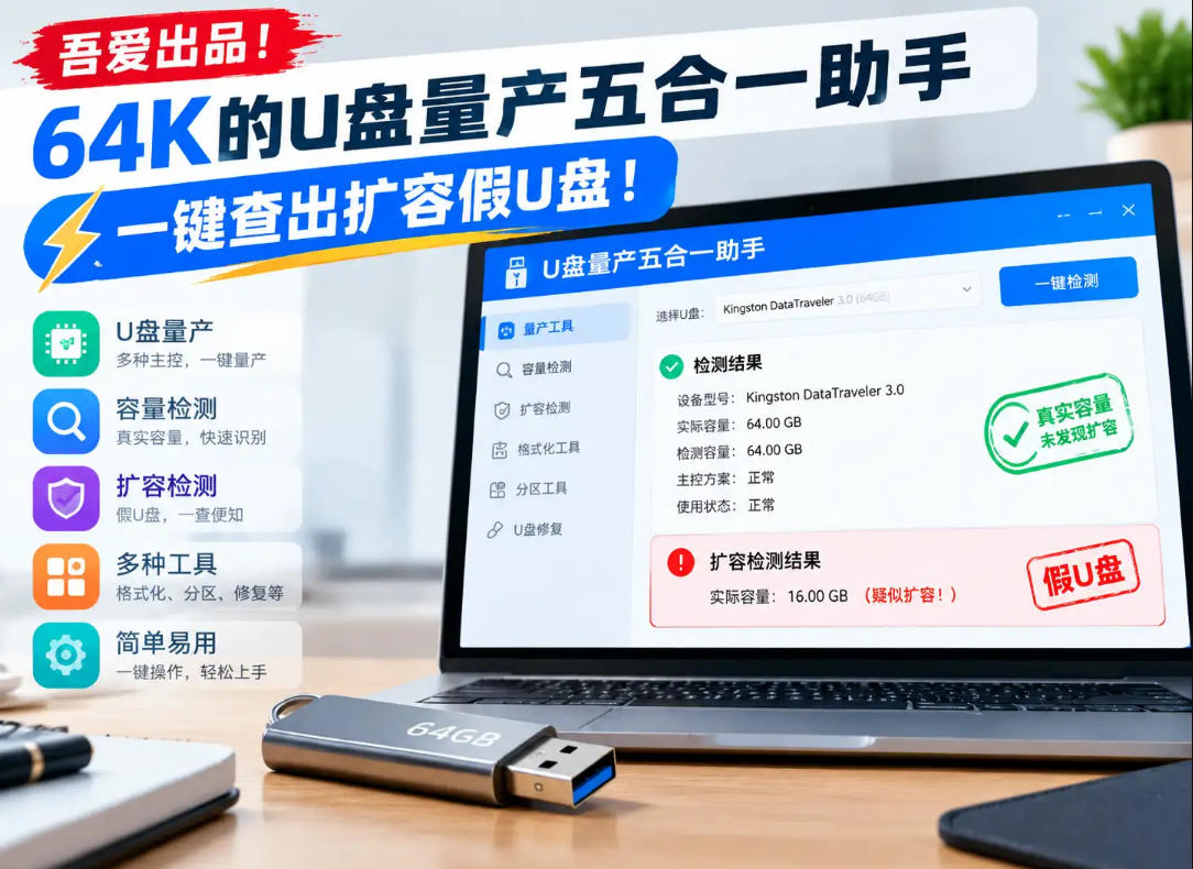 吾爱出品！64K的U盘量产五合一助手，一键查出扩容假U盘！-鑫梵淘