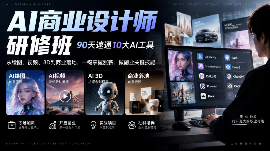 AI商业设计师研修班，90天速通10大AI工具，从绘图、视频、3D到商业落地，一键掌握涨薪、做副业关键技能-鑫梵淘