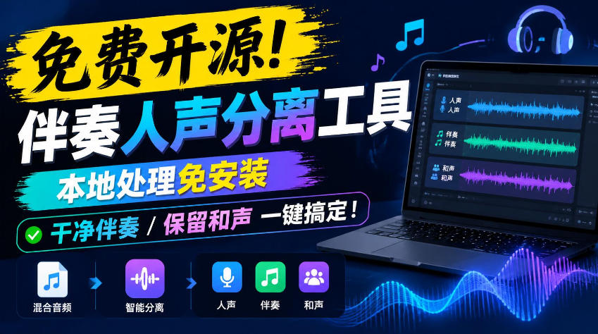 免费开源！伴奏人声分离工具，本地处理免安装，干净伴奏，保留和声一键搞定！-鑫梵淘