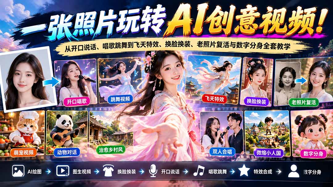 一张照片玩转AI创意视频！从开口说话、唱歌跳舞到飞天特效、换脸换装、老照片复活与数字分身全套教学-鑫梵淘