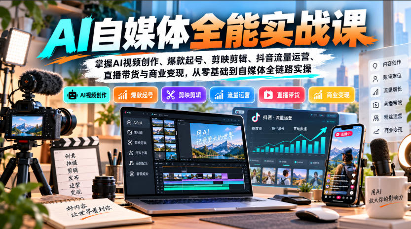 【无水印】AI自媒体全能实战课，掌握AI视频创作、爆款起号、剪映剪辑、抖音流量运营、直播带货与商业变现，从零基础到自媒体全链路实操-鑫梵淘