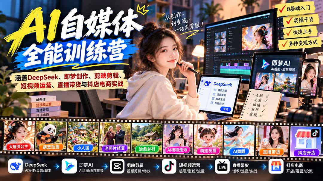 【无水印】AI+自媒体全能训练营：涵盖DeepSeek、即梦创作、剪映剪辑、短视频运营、直播带货与抖店电商实战-鑫梵淘