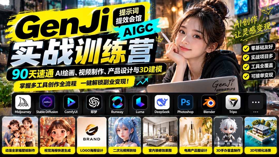 GenJi AIGC实战训练营：90天速通AI绘画、视频制作、产品设计与3D建模，掌握多工具创作全流程-鑫梵淘