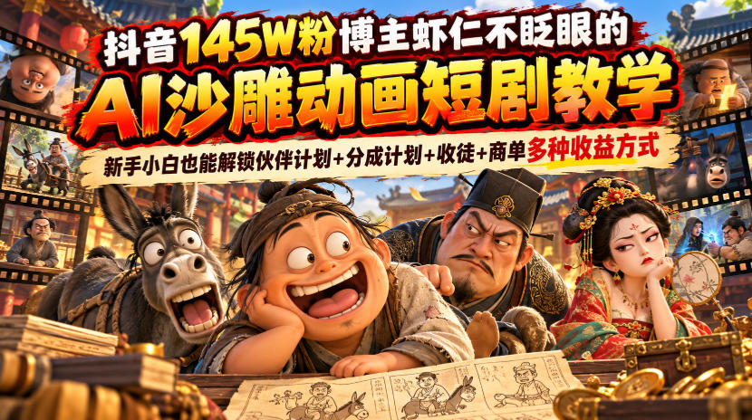抖音145W粉博主虾仁不眨眼的AI沙雕动画短剧教学，新手小白也能解锁伙伴计划+分成计划+收徒+商单多种收益方式-鑫梵淘