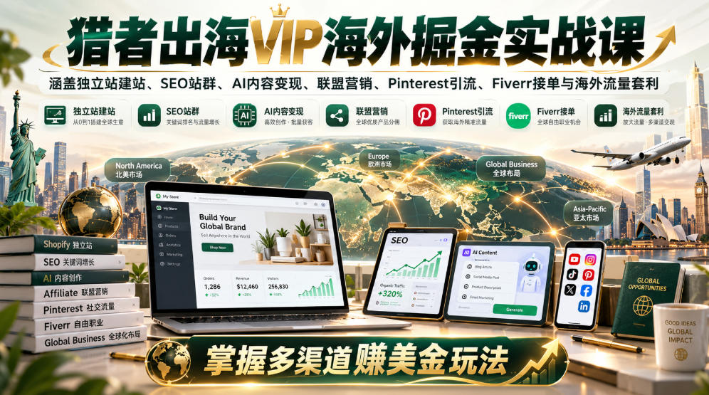 猎者出海VIP海外掘金实战课：涵盖独立站、SEO站群、AI变现、联盟营销、Pinterest引流、Fiverr接单与海外流量套利，掌握多渠道賺美金玩法-鑫梵淘
