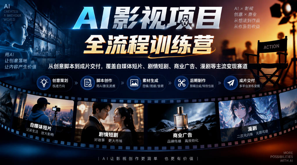 AI影视项目全流程训练营，从创意脚本到成片交付，覆盖自媒体短片、剧情短剧、商业广告、漫剧等主流变现赛道-鑫梵淘
