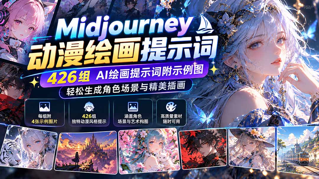 Midjourney动漫绘画提示词：426组AI绘画提示词附示例图，轻松生成角色场景与精美插画-鑫梵淘