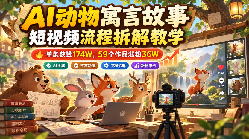 AI动物寓言故事短视频流程拆解教学，单条获赞174W，59个作品涨粉36W-鑫梵淘