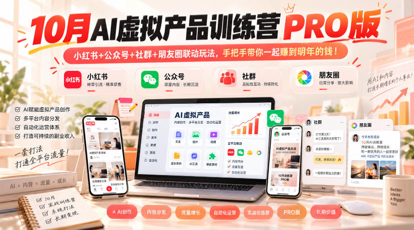 10月AI虚拟产品训练营PRO版，小红书+公众号+社群+朋友圈联动玩法，手把手带你一起赚到明年的钱！(更新1029)-鑫梵淘