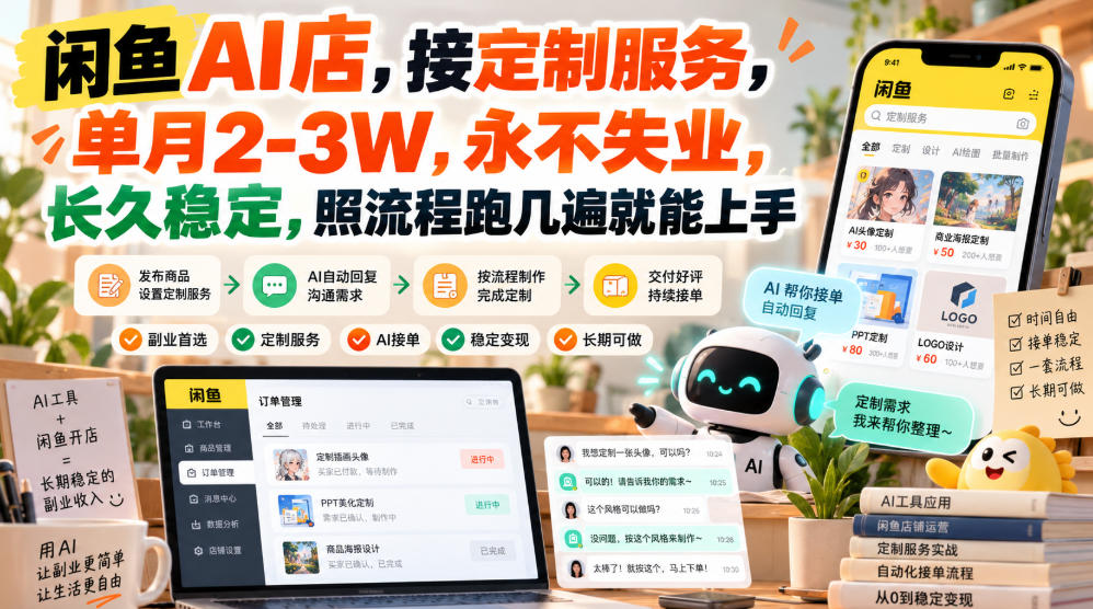闲鱼AI店，接定制服务，单月2-3W，永不失业，长久稳定，照流程跑几遍就能上手-鑫梵淘