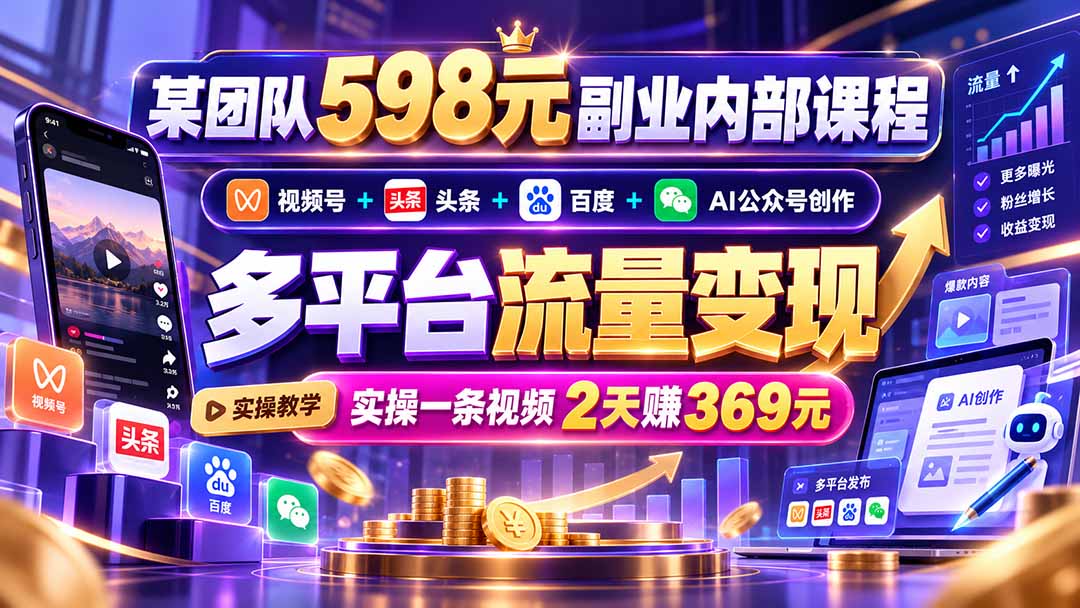 某团队598元副业内部课程：视频号+头条+百度+AI公众号创作、多平台流量变现，实操一条视频2天赚369元-鑫梵淘