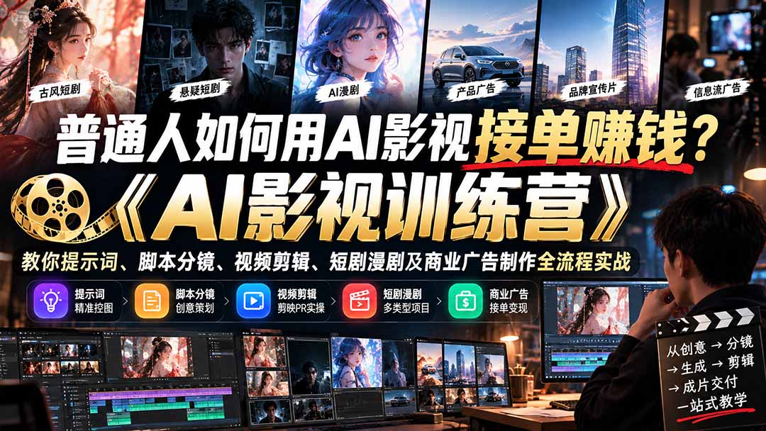 普通人如何用AI影视接单赚钱？《AI影视训练营》教你提示词、脚本分镜、视频剪辑、短剧漫剧及商业广告制作全流程实战-鑫梵淘