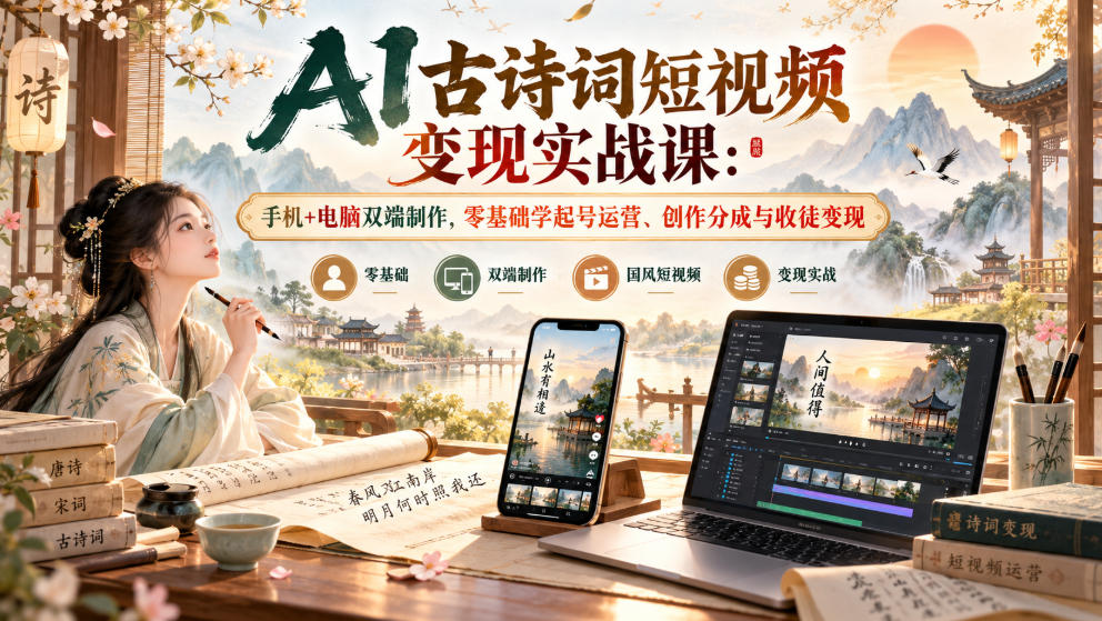 AI古诗词短视频变现实战课：手机+电脑双端制作，零基础学起号运营、创作分成与收徒变现-鑫梵淘
