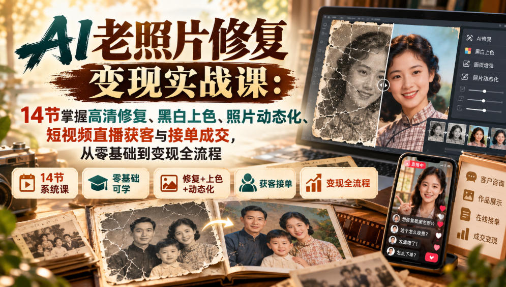 AI老照片修复变现实战课：14节掌握高清修复、黑白上色、照片动态化、短视频直播获客与接单成交，从零基础到变现全流程-鑫梵淘