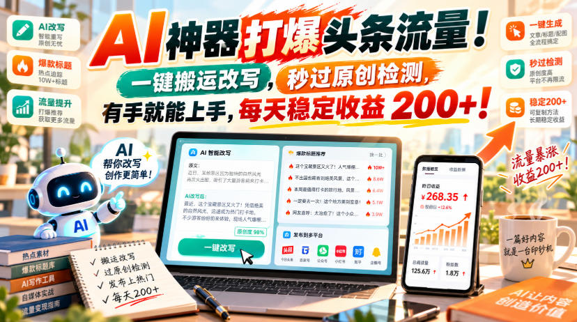 AI神器打爆头条流量，一键搬运改写，秒过原创检测，有手就能上手，每天稳定收益200+！【揭秘】-鑫梵淘
