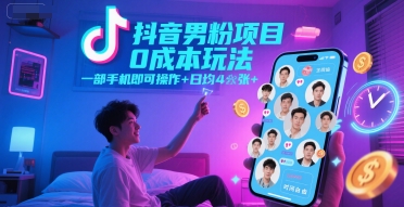 抖音男粉项目0成本玩法，一部手机即可操作，日均4张+，时间自由-鑫梵淘