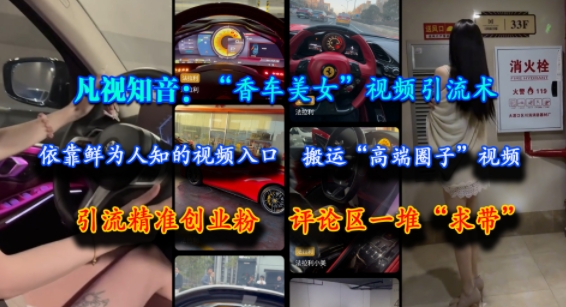 凡视知音：“香车美女”视频引流术，依靠鲜为人知的视频入口，搬运“高端圈子”视频，引流精准创业粉，评论区一堆“求带”-鑫梵淘