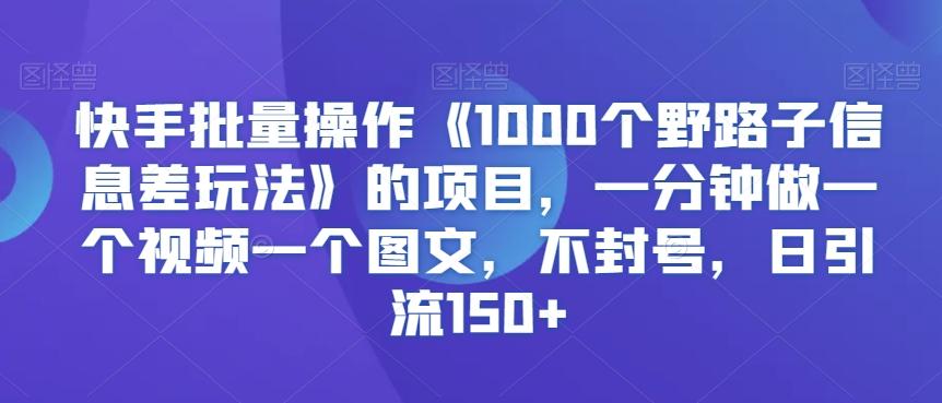 快手批量操作《1000个野路子信息差玩法》的项目，一分钟做一个视频一个图文，不封号，日引流150+【揭秘】-鑫梵淘