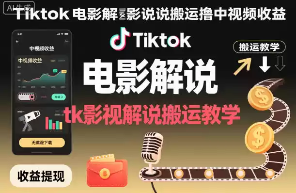 Tiktok电影解说搬运撸中视频收益，tk影视解说搬运教学-鑫梵淘