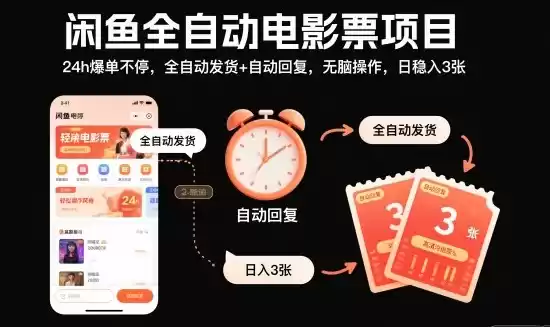 闲鱼全自动电影票项目，24h爆单不停，全自动发货+自动回复，无脑操作，日稳入3张【揭秘】-鑫梵淘