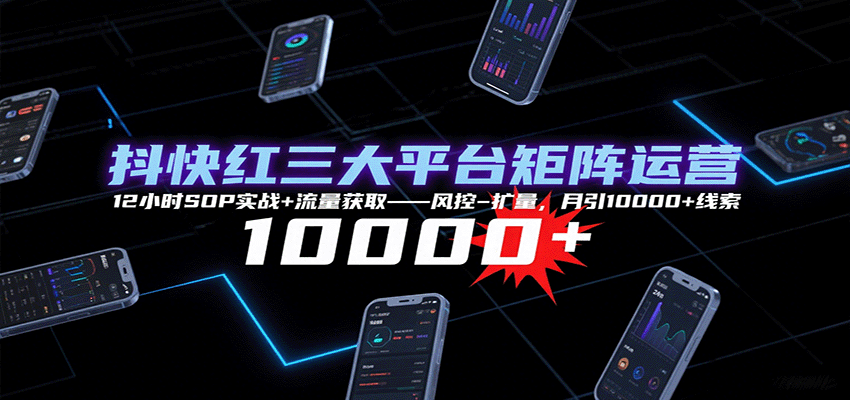 抖快红三大平台矩阵运营，12小时SOP实战+流量获取-风控-扩量，月引10000+线索-鑫梵淘