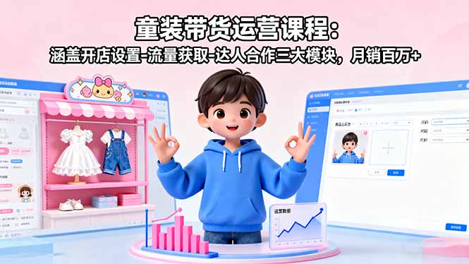 童装带货运营课程：涵盖开店设置-流量获取-达人合作三大模块，月销百万+-鑫梵淘
