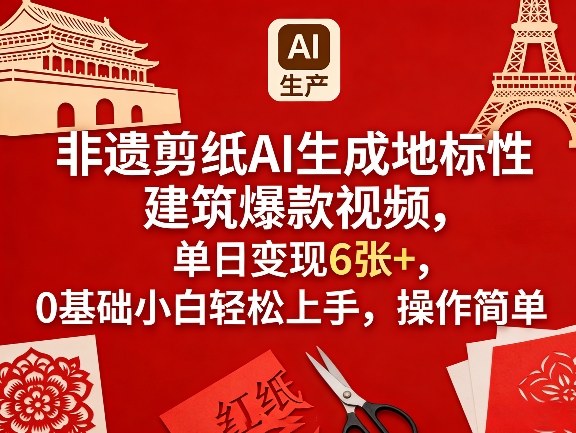 非遗剪纸AI生成地标性建筑爆款视频，单日变现6张+，0基础小白轻松上手，操作简单-鑫梵淘