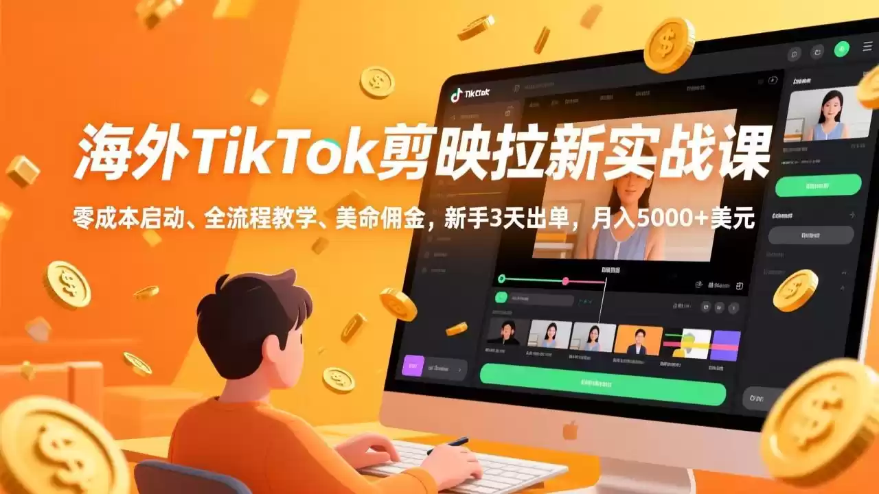 海外TikTok剪映拉新实战课，零成本启动、全流程教学、美金佣金，新手3天出单，月入5000+美元-鑫梵淘
