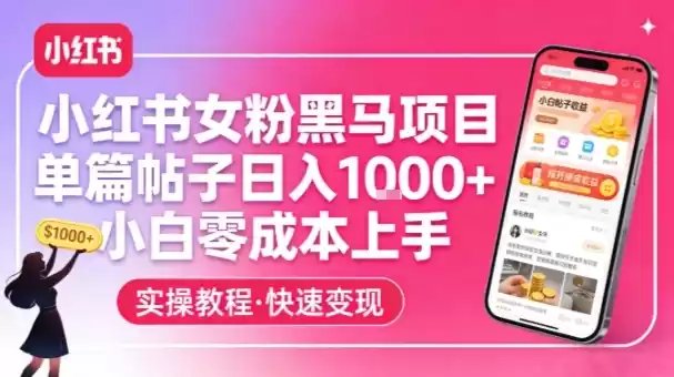 小红书女粉黑马项目，单篇帖子日入1k+，小白零成本上手-鑫梵淘