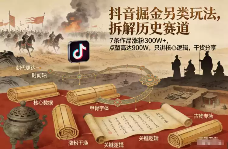抖音掘金另类玩法，拆解历史赛道，7条作品涨粉300W+，点赞量高达900W，只讲核心逻辑，干货分享-鑫梵淘