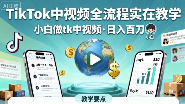 TikTok中视频全流程实操教学，小白做tk中视频，日入百刀-鑫梵淘