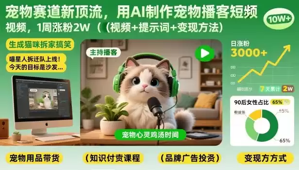 宠物赛道新顶流，用AI制作宠物播客短视频，1周涨粉2W(视频+提示词+变现方法)-鑫梵淘