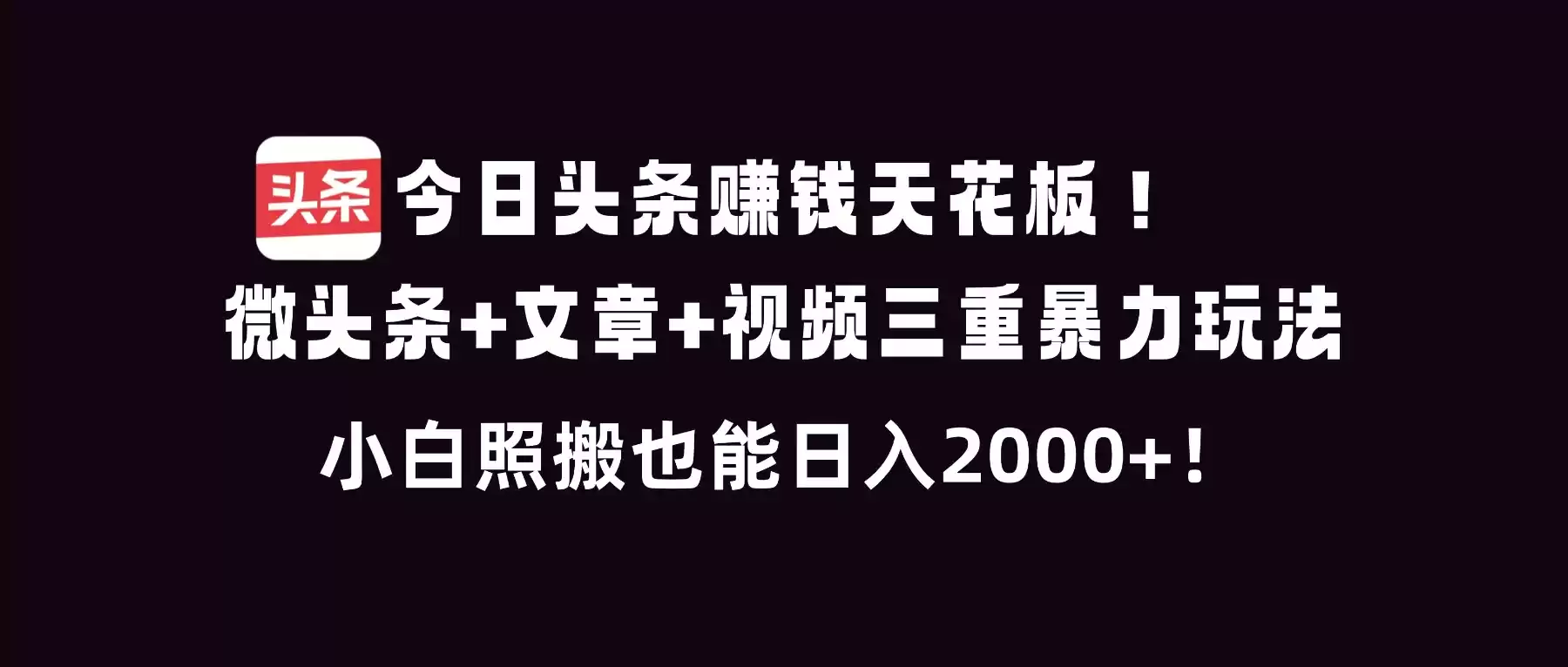 今日头条赚钱天花板！微头条+文章+视频三重暴利玩法，小白照搬也能日人2000+-鑫梵淘