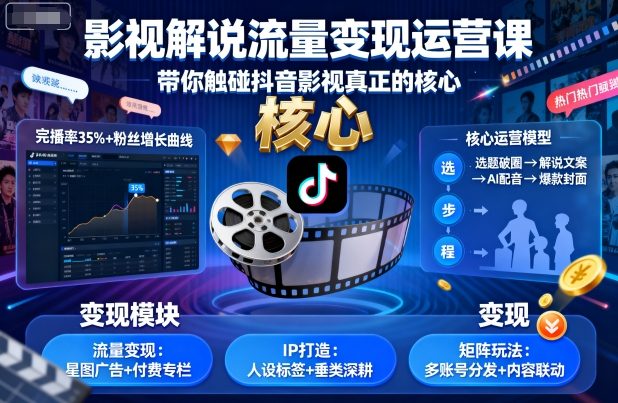 影视解说流量变现运营课，带你触碰抖音影视真正的核心-鑫梵淘