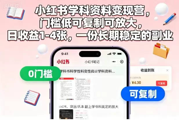 小红书学科资料变现营，门槛低可复制可放大，日收益1-4张，一份长期稳定的副业-鑫梵淘